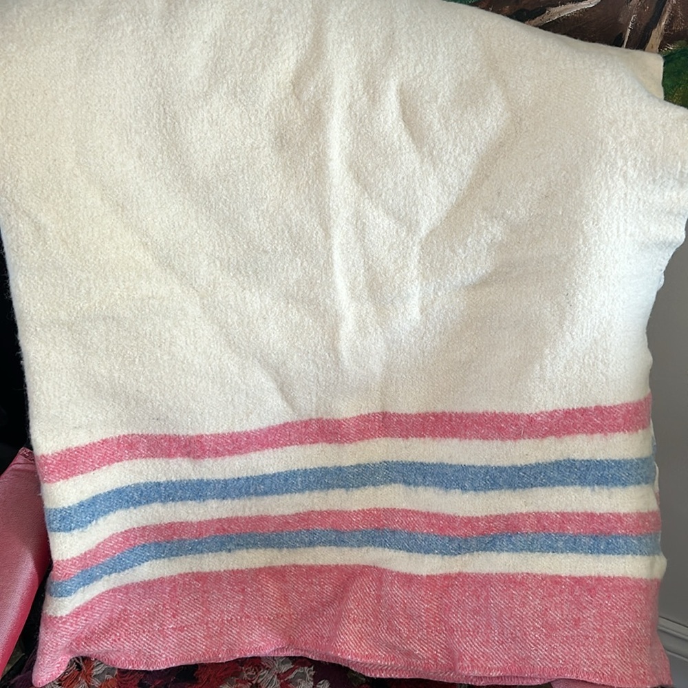 Vintage Striped Pink and Blue Wool Blanket by Plessis Woolen Mills canada